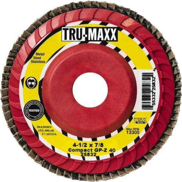 Tru-Maxx - 80 Grit, 4-1/2" Disc Diam, 7/8" Center Hole, Compact Zirconia Alumina Flap Disc - 13,300 Max RPM, Polyester Backing, Arbor Attaching System, Coated - Industrial Tool & Supply