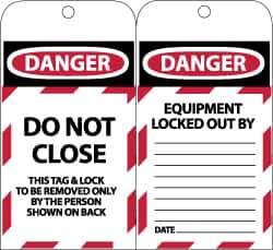 NMC - 3" High x 6" Long, DANGER - DO NOT CLOSE - THIS TAG & LOCK TO BE REMOVED ONLY BY THE PERSON SHOWN ON BACK, English Safety & Facility Lockout Tag - Tag Header: Danger, 2 Sides, Black, Red & White Synthetic Paper - Industrial Tool & Supply