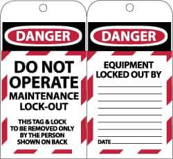 NMC - 3" High x 6" Long, DANGER - DO NOT OPERATE - MAINTENANCE LOCK OUT - THIS TAG & LOCK TO BE REMOVED ONLY BY THE PERSON SHOWN ON BACK, English Safety & Facility Lockout Tag - Tag Header: Danger, 2 Sides, Black, Red & White Synthetic Paper - Industrial Tool & Supply