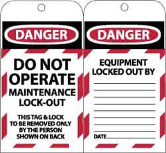 NMC - 3" High x 6" Long, DANGER - DO NOT OPERATE - MAINTENANCE LOCK OUT - THIS TAG & LOCK TO BE REMOVED ONLY BY THE PERSON SHOWN ON BACK, English Safety & Facility Lockout Tag - Tag Header: Danger, 2 Sides, Black, Red & White Synthetic Paper - Industrial Tool & Supply