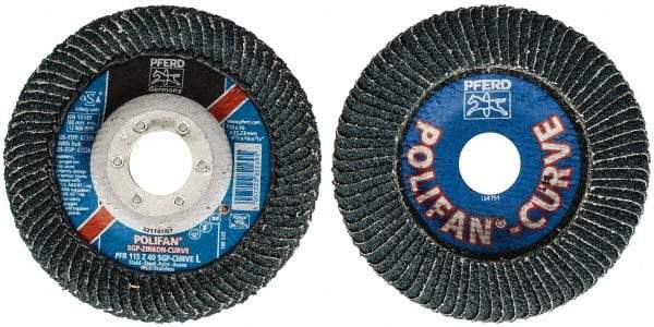 PFERD - 40 Grit, 4-1/2" Disc Diam, 7/8" Center Hole, Type 27 Zirconia Alumina Flap Disc - 13,300 Max RPM, Fiberglass Backing, Arbor Attaching System, Coated - Industrial Tool & Supply