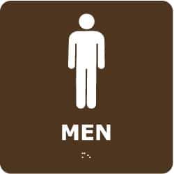 NMC - Men, 8" Wide x 8" High, Plastic Sign - English, Braille, White on Brown, Wall Mount - Industrial Tool & Supply
