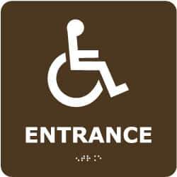NMC - Entrance, 8" Wide x 8" High, Plastic Sign - English, Braille, White on Brown, Wall Mount - Industrial Tool & Supply