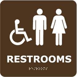 NMC - Restrooms, 8" Wide x 8" High, Plastic Sign - English, Braille, White on Brown, Wall Mount - Industrial Tool & Supply