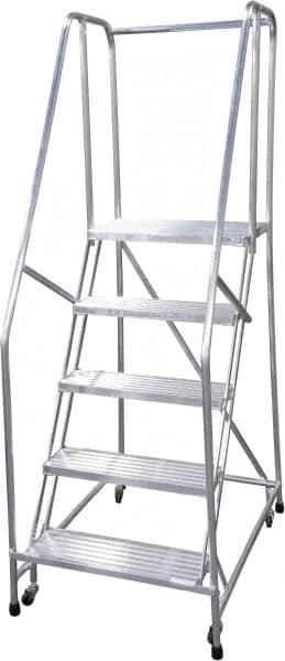 Cotterman - 80" 5 Step Rolling Warehouse Ladder - Rolling Safety Ladder, 350 Lb Capacity, 50" Platform Height, 22" Base Width x 43" Base Depth, Serrated - Industrial Tool & Supply