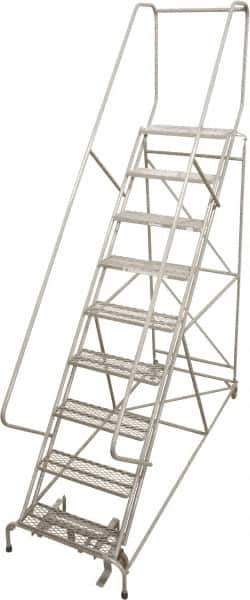 Cotterman - 99" 9 Step Rolling Warehouse Ladder - 50° Incline, 450 Lb Capacity, 90" Platform Height, 32" Base Width x 120" Base Depth, Perforated Tread - Industrial Tool & Supply