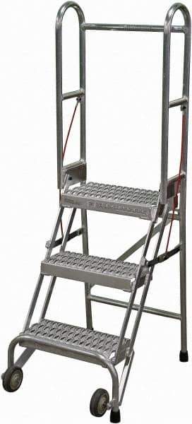 Cotterman - 60" 3 Step Rolling Warehouse Ladder - Portable Folding Safety Ladder, 350 Lb Capacity, 30" Platform Height, 21" Base Width x 28" Base Depth, Serrated - Industrial Tool & Supply