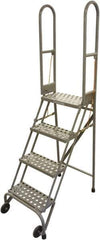 Cotterman - 70" 4 Step Rolling Warehouse Ladder - Portable Folding Safety Ladder, 350 Lb Capacity, 40" Platform Height, 21" Base Width x 36" Base Depth, Serrated Steel - Industrial Tool & Supply