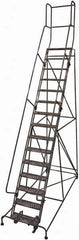Cotterman - 192" 15 Step Rolling Warehouse Ladder - 50° Incline, 450 Lb Capacity, 150" Platform Height, 44" Base Width x 143" Base Depth, Perforated Tread - Industrial Tool & Supply