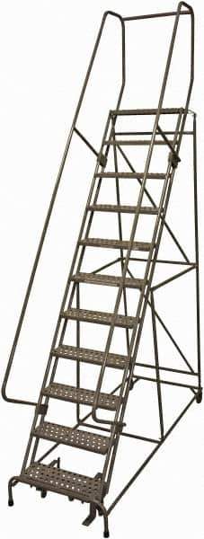 Cotterman - 140" 11 Step Rolling Warehouse Ladder - 50° Incline, 450 Lb Capacity, 110" Platform Height, 34" Base Width x 106" Base Depth, Perforated Tread - Industrial Tool & Supply