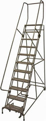 Cotterman - 140" 11 Step Rolling Warehouse Ladder - 50° Incline, 450 Lb Capacity, 110" Platform Height, 34" Base Width x 106" Base Depth, Perforated Tread - Industrial Tool & Supply