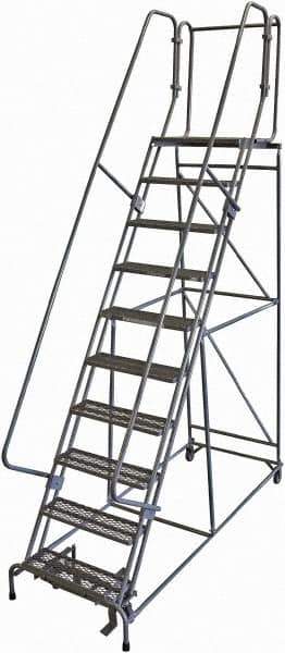 Cotterman - 130" 10 Step Rolling Warehouse Ladder - 50° Incline, 450 Lb Capacity, 100" Platform Height, 34" Base Width x 97" Base Depth, Perforated Tread - Industrial Tool & Supply