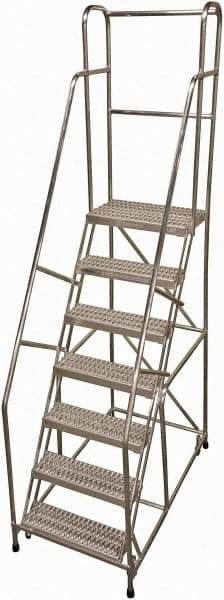 Cotterman - 100" 7 Step Rolling Warehouse Ladder - Rolling Safety Ladder, 350 Lb Capacity, 70" Platform Height, 30" Base Width x 57" Base Depth, Serrated - Industrial Tool & Supply