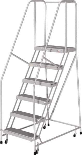 Cotterman - 90" 6 Step Rolling Warehouse Ladder - Rolling Safety Ladder, 350 Lb Capacity, 60" Platform Height, 30" Base Width x 50" Base Depth, Serrated - Industrial Tool & Supply