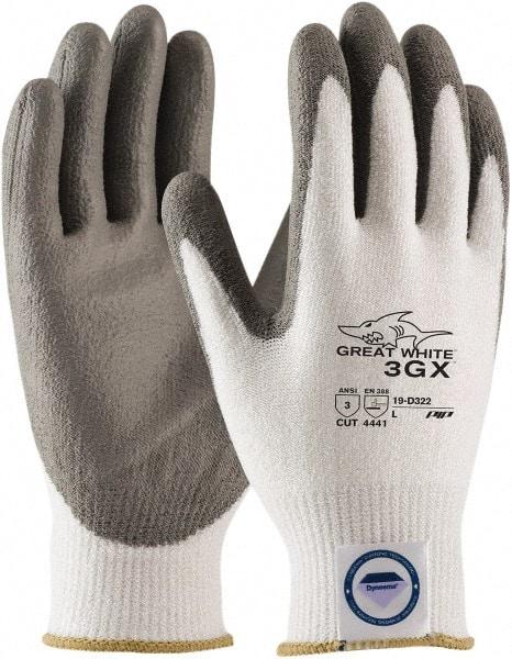 PIP - Size M (8), ANSI Cut Lvl A3, Puncture Lvl 2, Abrasion Lvl 4, Polyurethane Coated Dyneema Diamond HPPE liner Cut Resistant Gloves - 9.3" Long, Palm & Fingertips Coated, Dyneema Diamond Lining, Knit Wrist, White/Gray, Paired - Industrial Tool & Supply