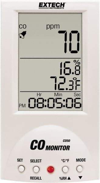 Extech - Audible Alarm, LCD Display, Carbon Monoxide (CO) Meter - Monitors Carbon Monoxide, -10 to 60°C Working Temp, CE Listed - Industrial Tool & Supply