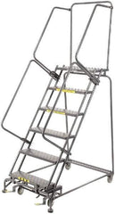 Ballymore - 93" 6 Step Rolling Warehouse Ladder - Lock Step Rolling Safety Ladder, 450 Lb Capacity, 60" Platform Height, 32" Base Width x 49" Base Depth, Perforated Tread - Industrial Tool & Supply