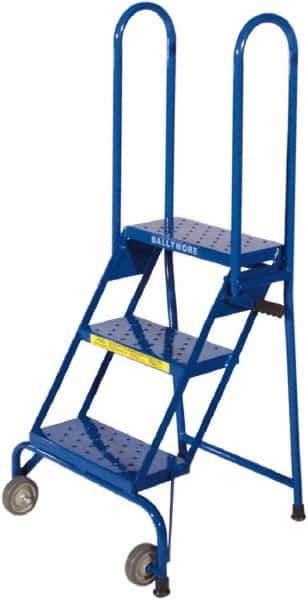 Ballymore - 51" 3 Step Rolling Warehouse Ladder - Lock-N-Stock, 300 Lb Capacity, 28-1/2" Platform Height, 24" Base Width x 23" Base Depth, Perforated Tread - Industrial Tool & Supply