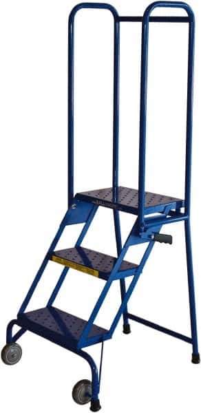 Ballymore - 59" 3 Step Rolling Warehouse Ladder - Lock-N-Stock, 300 Lb Capacity, 28-1/2" Platform Height, 24" Base Width x 26" Base Depth, Perforated Tread - Industrial Tool & Supply