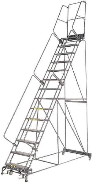 Ballymore - 185" 14 Step Rolling Warehouse Ladder - Lock Step Rolling Safety Ladder, 450 Lb Capacity, 140" Platform Height, 40" Base Width x 100" Base Depth, Perforated Tread - Industrial Tool & Supply