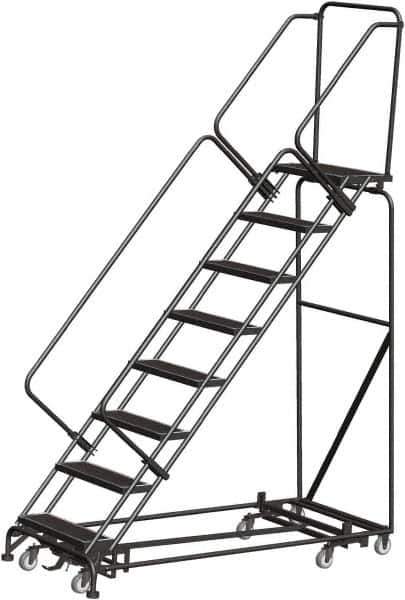 Ballymore - 113" 8 Step Rolling Warehouse Ladder - Lock Step Rolling Safety Ladder, 450 Lb Capacity, 80" Platform Height, 24" Base Width x 74" Base Depth, Perforated Tread - Industrial Tool & Supply