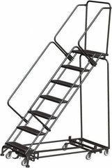 Ballymore - 103" 7 Step Rolling Warehouse Ladder - Lock Step Rolling Safety Ladder, 450 Lb Capacity, 70" Platform Height, 24" Base Width x 66" Base Depth, Perforated Tread - Industrial Tool & Supply