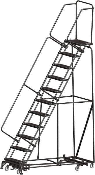 Ballymore - 143" 11 Step Rolling Warehouse Ladder - Lock Step Rolling Safety Ladder, 450 Lb Capacity, 110" Platform Height, 32" Base Width x 80" Base Depth, Perforated Tread - Industrial Tool & Supply