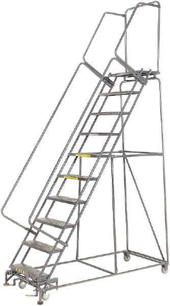 Ballymore - 133" 10 Step Rolling Warehouse Ladder - Lock Step Rolling Safety Ladder, 450 Lb Capacity, 100" Platform Height, 32" Base Width x 74" Base Depth, Perforated Tread - Industrial Tool & Supply