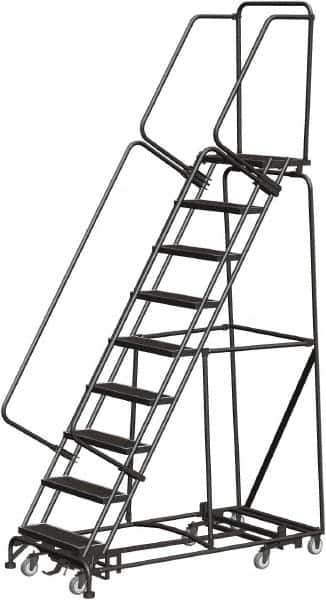 Ballymore - 123" 9 Step Rolling Warehouse Ladder - Lock Step Rolling Safety Ladder, 450 Lb Capacity, 90" Platform Height, 32" Base Width x 68" Base Depth, Perforated Tread - Industrial Tool & Supply