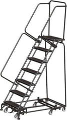 Ballymore - 103" 7 Step Rolling Warehouse Ladder - Lock Step Rolling Safety Ladder, 450 Lb Capacity, 70" Platform Height, 32" Base Width x 55" Base Depth, Perforated Tread - Industrial Tool & Supply