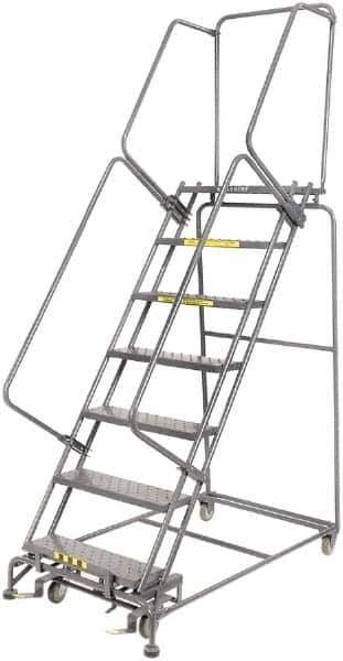 Ballymore - 103" 7 Step Rolling Warehouse Ladder - Lock Step Rolling Safety Ladder, 450 Lb Capacity, 70" Platform Height, 32" Base Width x 55" Base Depth, Perforated Tread - Industrial Tool & Supply