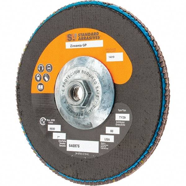 Camel Grinding Wheels - 80 Grit, 7" Disc Diam, 5/8-11 Center Hole, Type 29 Zirconia Alumina Flap Disc - 13,300 Max RPM, Arbor Attaching System, Coated - Industrial Tool & Supply