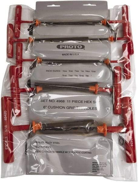 Proto - 11 Piece T-Handle Cushion Grip Tethered Hex Key Set - Hex Range 5/64 to 3/8" - Industrial Tool & Supply
