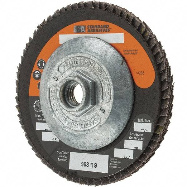 Camel Grinding Wheels - 36 Grit, 4-1/2" Disc Diam, 5/8-11 Center Hole, Type 29 Zirconia Alumina Flap Disc - Arbor Attaching System, Coated - Industrial Tool & Supply
