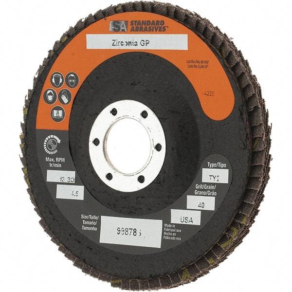 Camel Grinding Wheels - 40 Grit, 4-1/2" Disc Diam, 7/8" Center Hole, Type 29 Zirconia Alumina Flap Disc - Arbor Attaching System, Coated - Industrial Tool & Supply