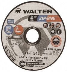 WALTER Surface Technologies - 4-1/2" Aluminum Oxide/Silicon Carbide Blend Cutoff Wheel - 1/32" Thick, 7/8" Arbor, 13,300 Max RPM, Use with Angle Grinders - Industrial Tool & Supply