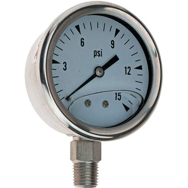 Value Collection - 2-1/2" Dial, 1/4 Thread, 0-15 Scale Range, Pressure Gauge - Industrial Tool & Supply