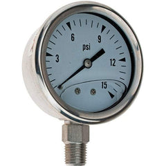 Value Collection - 2-1/2" Dial, 1/4 Thread, 0-15 Scale Range, Pressure Gauge - Industrial Tool & Supply