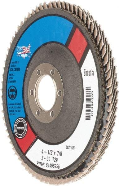 Camel Grinding Wheels - 60 Grit, 4-1/2" Disc Diam, 7/8" Center Hole, Type 29 Zirconia Alumina Flap Disc - Poly Cotton Backing, Arbor Attaching System, Coated - Industrial Tool & Supply
