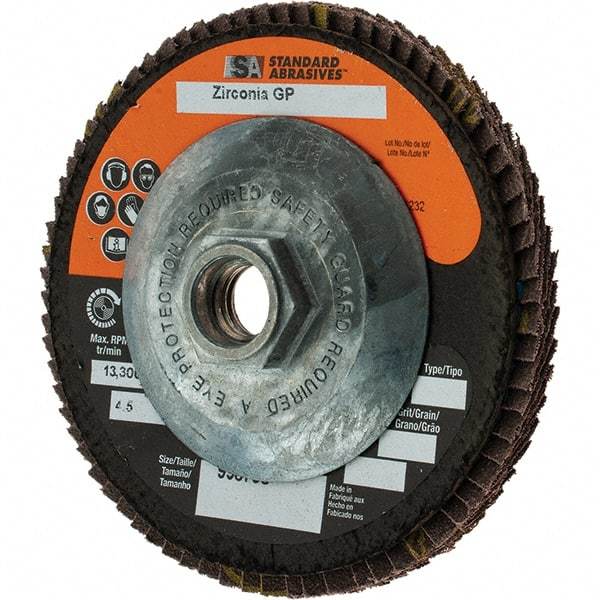 Camel Grinding Wheels - 40 Grit, 4-1/2" Disc Diam, 5/8-11 Center Hole, Type 29 Zirconia Alumina Flap Disc - Arbor Attaching System, Coated - Industrial Tool & Supply