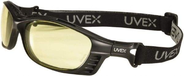 Uvex - Amber Lenses, Framed Safety Glasses - Anti-Fog, Black Polycarbonate Frame, Size Universal, Wrap Around - Industrial Tool & Supply