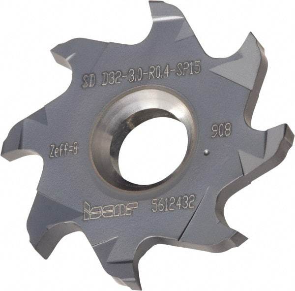 Iscar - SD D Grade IC908 Carbide T-Slot Milling Tip Insert - TiAlN/TiN Finish, 8 Flutes, 31.7mm Cutting Diam, 8mm Depth of Cut, 8mm Extension, 1/64" Cnr Rad - Industrial Tool & Supply