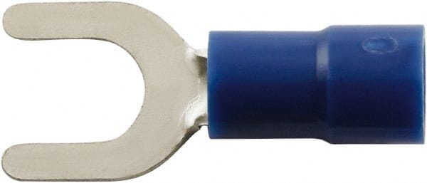 #8 Stud, 16 to 14 AWG Compatible, Partially Insulated, Locking Fork Terminal 0.283″ Fork Width, Vinyl Insulation, Blue, 0.9″ OAL, 600 Volts, 0.031″ Thick, Copper Contacts