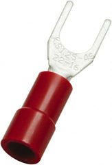 #6 Stud, 22 to 16 AWG Compatible, Partially Insulated, Standard Fork Terminal 1/4″ Fork Width, Vinyl Insulation, Red, 0.89″ OAL, 600 Volts, 0.03″ Thick, Copper Contacts