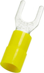 #10 Stud, 12 to 10 AWG Compatible, Partially Insulated, Crimp Connection, Standard Fork Terminal 0.354″ Fork Width, Nylon Insulation, Yellow, 1.154″ OAL, 600 Volts, 0.039″ Thick, Copper Contacts