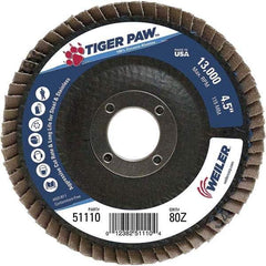 Weiler - 80 Grit, 4-1/2" Disc Diam, 7/8" Center Hole, Type 27 Zirconia Alumina Flap Disc - 13,000 Max RPM, Phenolic Backing, Arbor Attaching System, Coated - Industrial Tool & Supply