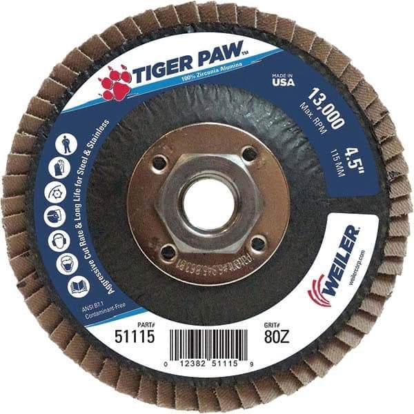 Weiler - 80 Grit, 4-1/2" Disc Diam, 5/8-11 Center Hole, Type 27 Zirconia Alumina Flap Disc - 13,000 Max RPM, Phenolic Backing, Arbor Attaching System, Coated - Industrial Tool & Supply