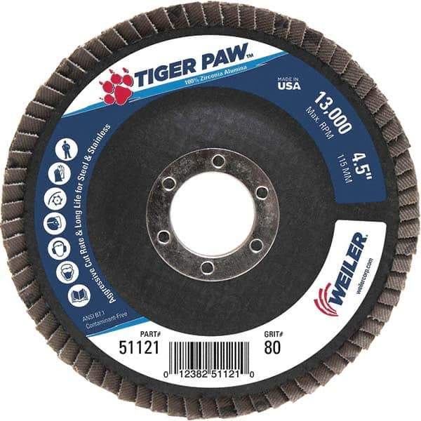 Weiler - 80 Grit, 4-1/2" Disc Diam, 7/8" Center Hole, Type 29 Zirconia Alumina Flap Disc - 13,000 Max RPM, Phenolic Backing, Arbor Attaching System, Coated - Industrial Tool & Supply