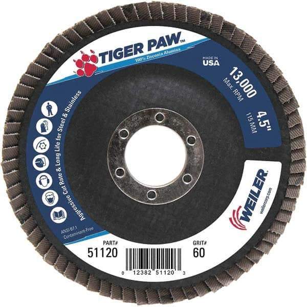 Weiler - 60 Grit, 4-1/2" Disc Diam, 7/8" Center Hole, Type 29 Zirconia Alumina Flap Disc - 13,000 Max RPM, Phenolic Backing, Arbor Attaching System, Coated - Industrial Tool & Supply