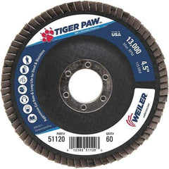 Weiler - 60 Grit, 4-1/2" Disc Diam, 7/8" Center Hole, Type 29 Zirconia Alumina Flap Disc - 13,000 Max RPM, Phenolic Backing, Arbor Attaching System, Coated - Industrial Tool & Supply